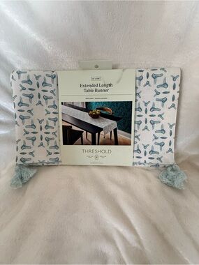 Threshold Pale Blue and White Extended Table Runner with Tassels